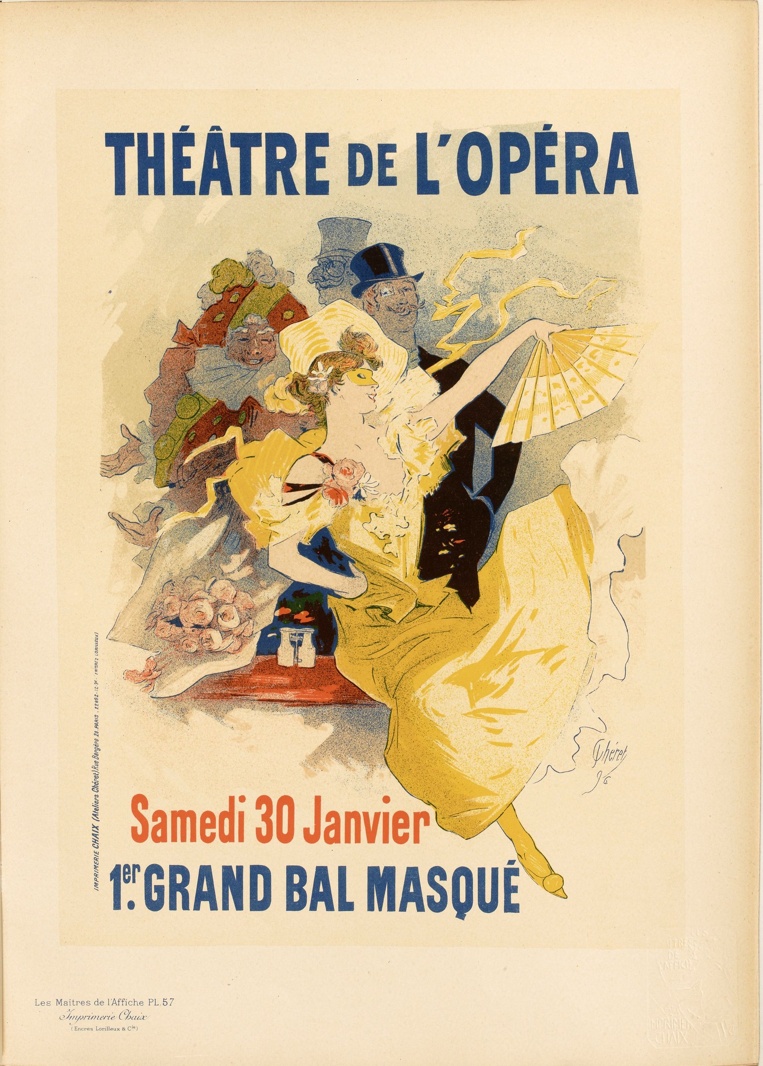Plakat für das Théâtre de l'Opéra in Paris mit einer Frau in einem weißen Kleid mit einem blauen Schultertuch, ihre Haare zu einem Dutt gebunden, vor einem tiefblauen Nachthimmel mit Sternen und schwarzer, fetter Schrift, die 'Theater der Oper' lautet.