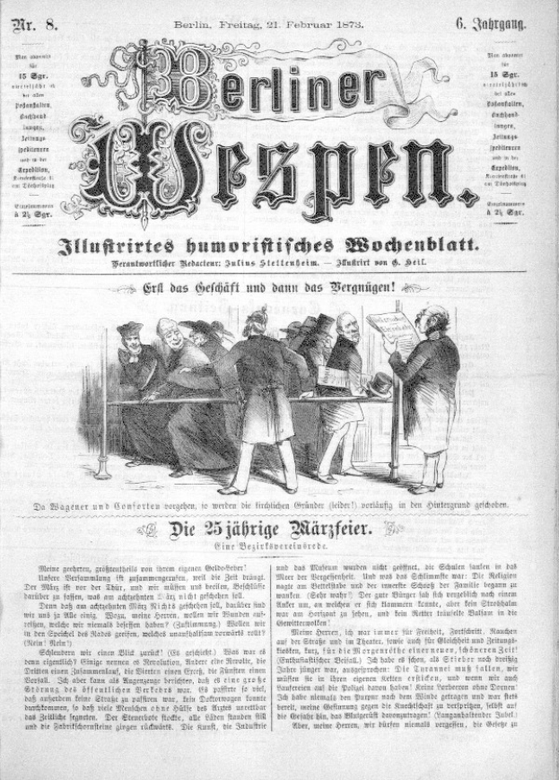 Eine alte deutsche Zeitung namens 'Berliner Wespen' vom 21. Februar 1873 mit einem Foto einer Gruppe von Menschen in traditioneller deutscher Kleidung in einem Gespräch.