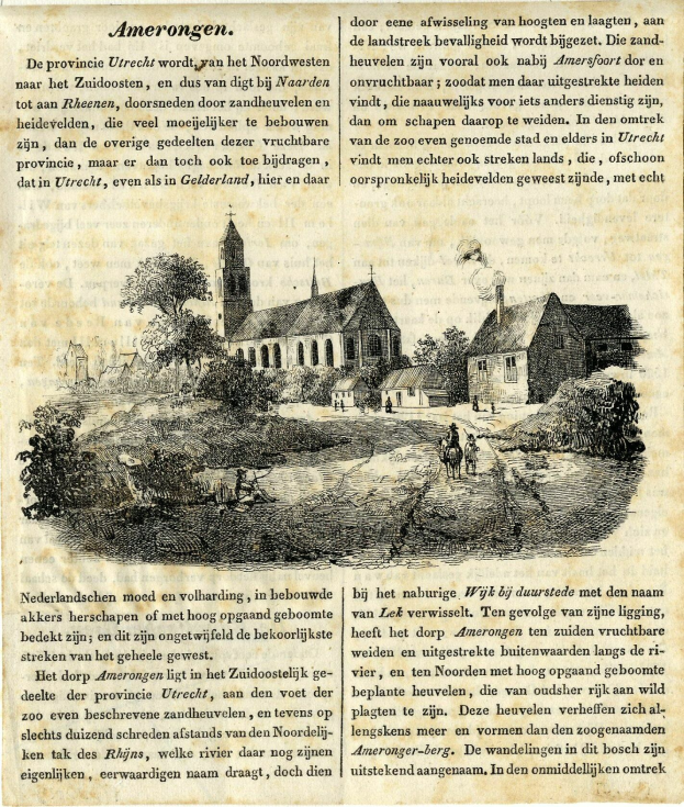 Ein abgenutzter Buchumschlag mit einer Illustration eines Dorfes, einschließlich Häusern, Bäumen und Menschen, neben gedrucktem Text.