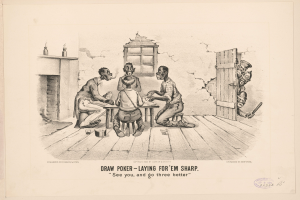 Gruppe von Menschen, die Poker um einen Tisch spielen, mit einer Wand, einem Fenster, einer Tür und verschiedenen Gegenständen im Hintergrund, mit Text unten, der "Draw Poker - Laying for 'em Sharp" liest.