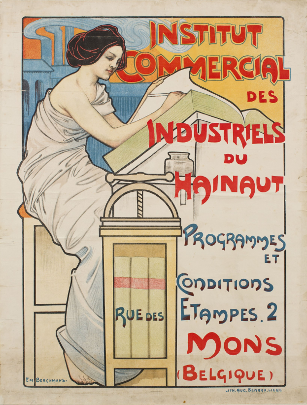 Plakat, das das Institut Commercial des Industriels du Hainaut bewirbt, auf dem eine Frau an einem Tisch sitzt und ein Buch hält, mit Text, der Informationen über das Institut enthält.