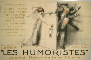 Ein Plakat an einer Gebäudewand mit einer Gruppe lachender, fröhlicher Menschen und der großen Schrift "Les Humoristes Journal Hebdomadaire Illustré" oben.