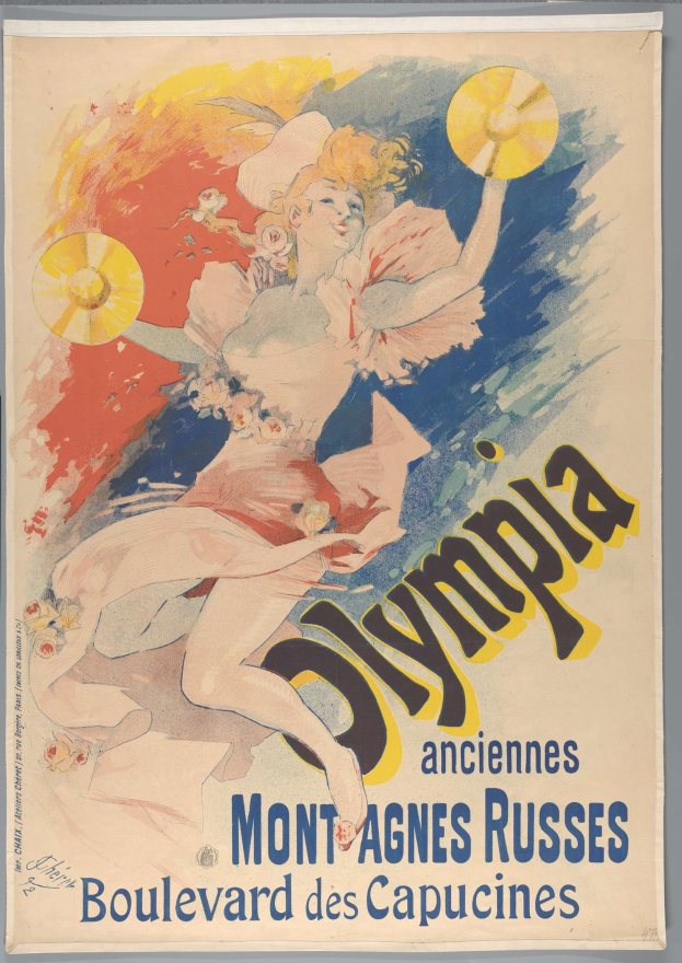 Plakat für die Olympischen Spiele in Mont-Agnes-Russes, Frankreich, das eine Frau in einem bunten Kleid zeigt, die einen Fächer hält, sowie Texte mit Veranstaltungseinzelheiten.