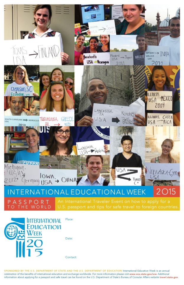 Internationaler Bildungswoche 2015 Plakat mit einer Gruppe von strahlenden Menschen, die Schilder halten und Text mit Veranstaltungshinweisen.