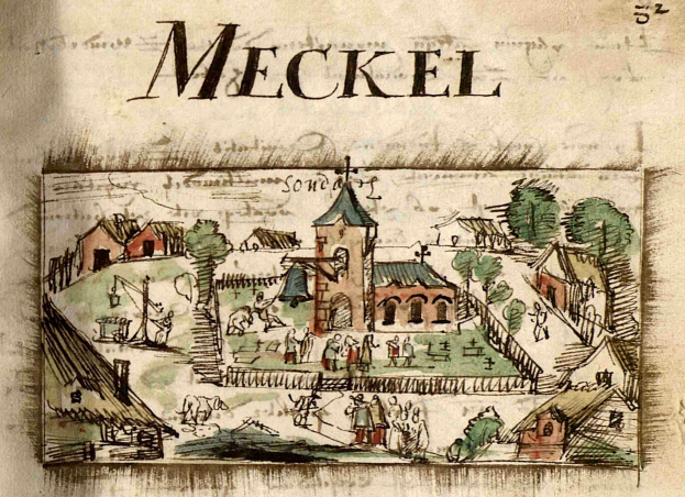 Ein altes Buch mit einer Zeichnung einer mittelalterlichen Stadt mit Häusern, Bäumen und Menschen, begleitet von einem Text mit weiteren Details.