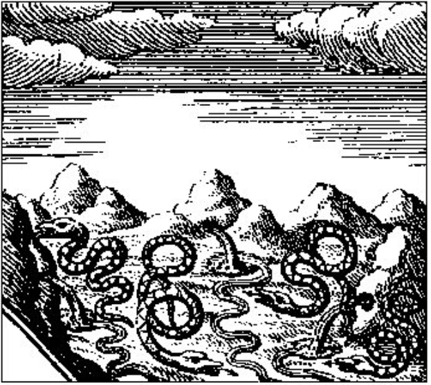 Schwarze und weiße Zeichnung einer Berglandschaft mit einem gewundenen Fluss, Hügeln und Wolken, beschriftet mit "Keltische Mythologie" unten.