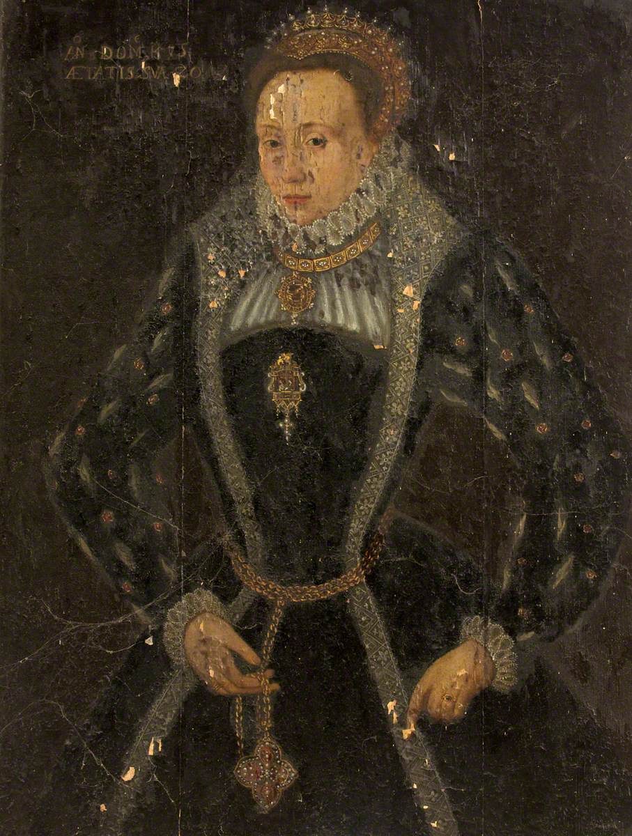 Porträt der Elizabeth I., Königin von England, in einem schwarzen Kleid mit einer Krone, die in einer majestätischen Pose mit verschränkten Händen und abwesendem Blick steht, ihr Haar ist zu einem Dutt gebunden und sie hat einen sanften Gesichtsausdruck.