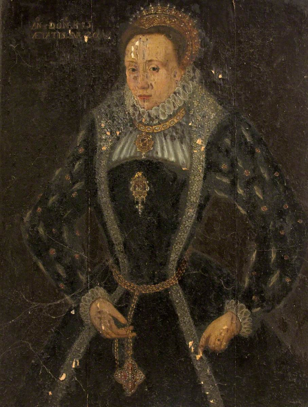 Porträt der Elizabeth I., Königin von England, in einem schwarzen Kleid mit einer Krone, die in einer majestätischen Pose mit verschränkten Händen und abwesendem Blick steht, ihr Haar ist zu einem Dutt gebunden und sie hat einen sanften Gesichtsausdruck.