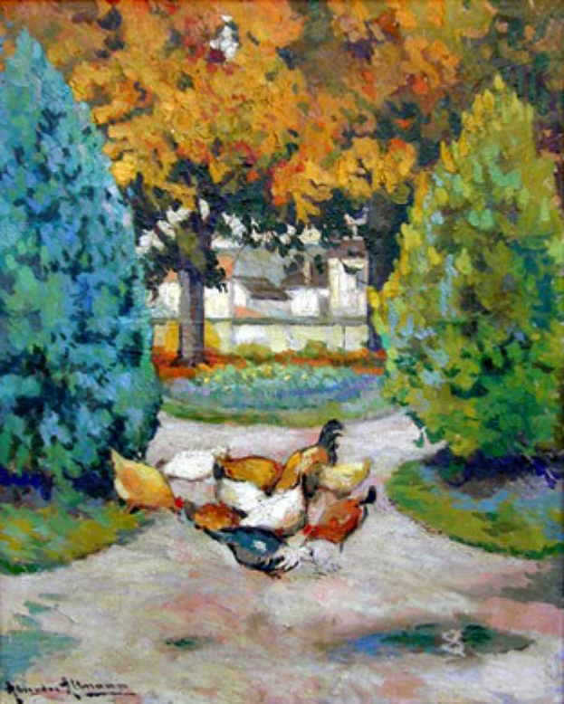 Ein Bild von Hühner, die einen Weg in einem Park entlanggehen, umgeben von Bäumen mit einem Haus im Hintergrund und Text unten.