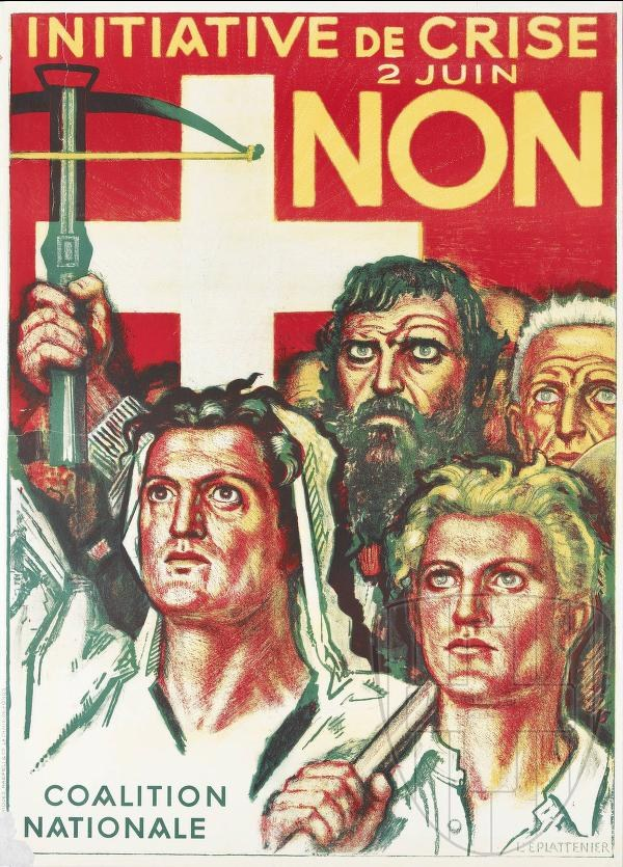 Plakat für die Coalition Nationale, eine Kriseninitiative, das eine Gruppe von Menschen mit Hammer und Sichel zeigt und Textinformationen über die Organisation und ihre Mission enthält.