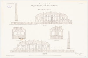 Eine Zeichnung eines mehrfenstrigen Gebäudes mit einem Schornstein, das für ein Psychiatriekrankenhaus in Deutschland gehalten wird, mit Text, der weitere Informationen liefert.