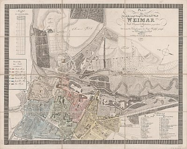 Ein detaillierter historischer Stadtplan von Weimar, Deutschland, der Straßen, Gebäude und Sehenswürdigkeiten zeigt, begleitet von Texten über die Bevölkerung und bemerkenswerte Merkmale der Stadt.