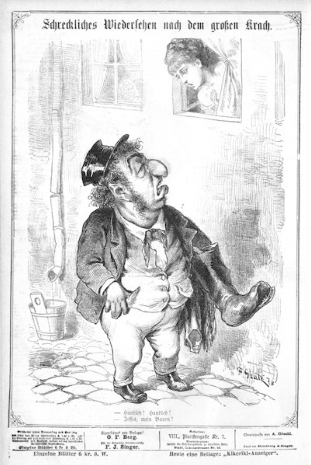 Karikatur eines Mannes mit Zylinder und einer Frau in einem Kleid mit einer Wand, einem Fenster, einem Eimer und anderen Gegenständen im Hintergrund, mit Text unten, der lautet "F. J. Singer, der erste deutsche Politiker, der in den Kongress gewählt wurde".