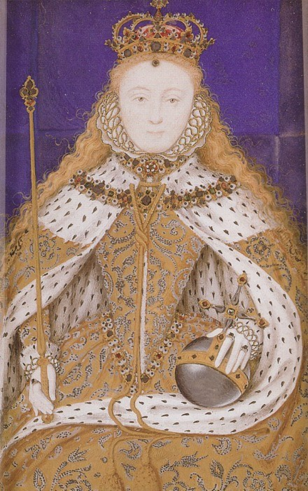Gemälde der Queen Elizabeth I. von England in königlicher Kleidung, die eine Krone trägt und einen Stab hält.