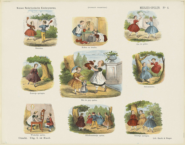 Ein Kinderbuch mit Illustrationen von Kindern, die im Park spielen, umgeben von Bäumen und Gegenständen, mit begleitendem Text.