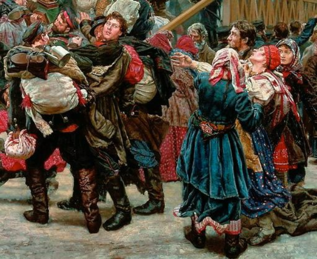 Gemälde von Menschen, die in traditioneller russischer Kleidung tanzen, vor einer Menge mit einigen Gegenständen in der Hand, vor einem Holzhaus-Hintergrund während einer lebhaften, festlichen Szene aus der russischen Revolution.