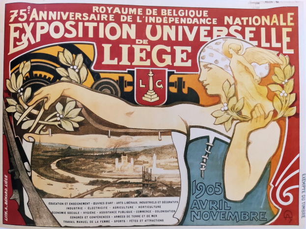 Plakat zum 75-jährigen Jubiläum der Nationalen Ausstellung Universitaire de Liège, das eine Frau mit Blumenstraßus und Text zeigt.