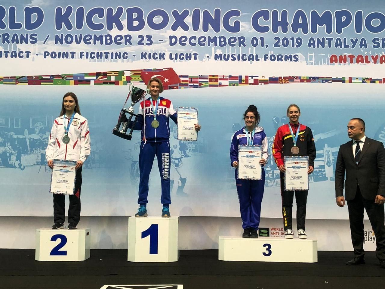 Fünf Personen mit Auszeichnungen und Urkunden auf einem Podium mit einem 'World Kickboxing Championship Antalya 2019'-Plakat im Hintergrund.