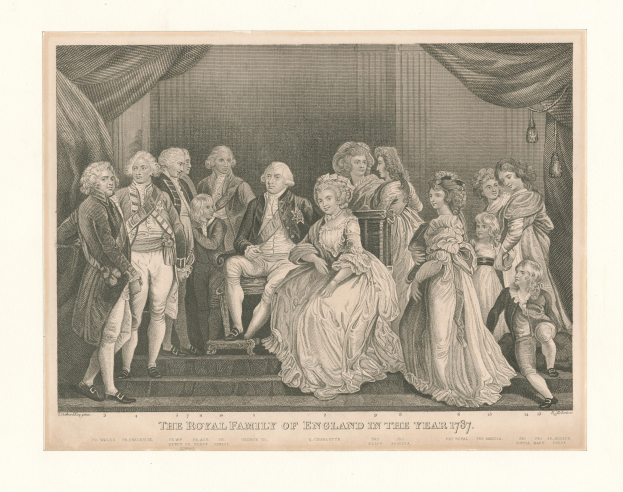 Eine Gruppe von Menschen aus der englischen Königsfamilie im Jahr 1787, die auf einer Treppe stehen und sitzen, mit Vorhängen im Hintergrund, begleitet von Text unten.