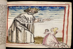 Ein aufgeschlagenes Buch mit einer Zeichnung eines gekrönten Mannes in einem langen Gewand und einer Frau mit gefalteten Händen vor einem textgefüllten Hintergrund, was eine religiöse Einstellung suggeriert.