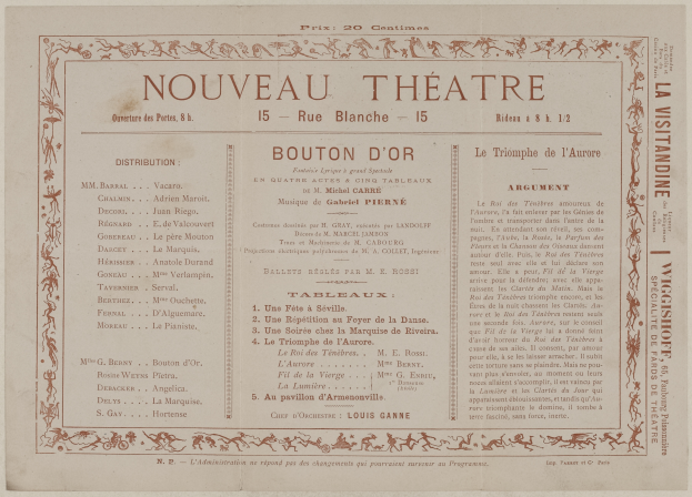 Eine alte Zeitungsanzeige für das Nouveau Theatre in Boulton, Frankreich, mit Text über die Theaterangebote.