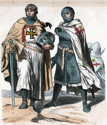 Zwei Männer in mittelalterlicher Kleidung stehen nebeneinander, einer hält ein Schwert und der andere einen Helm, mit dem Text "Die Ritter des Mittelalters" unten.