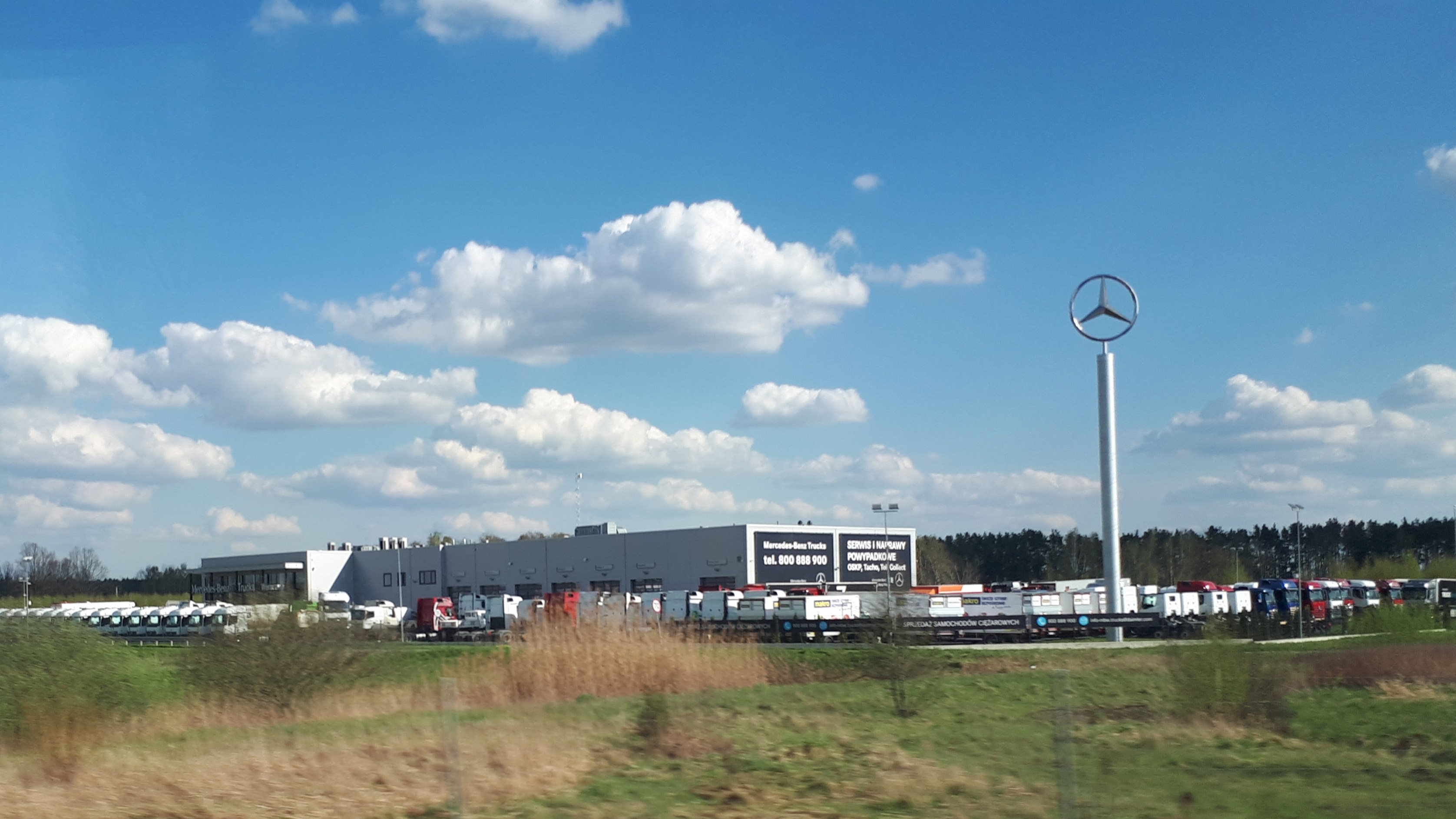 Mercedes-Benz-Fabrik in Deutschland mit Fahrzeugen auf der Straße, umgeben von Gras, Pflanzen, Bäumen, Gebäuden und Strommasten, einschließlich eines mit einem Logo, unter einem bewölkten Himmel.