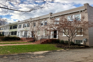 Eine Reihe von Stadthäusern in einer Wohngegend mit einem Baum davor, mit Fenstern, Türen, Treppen mit Geländern und umgebenden Pflanzen, mit einer Straße unten und einem bewölkten Himmel im Hintergrund.